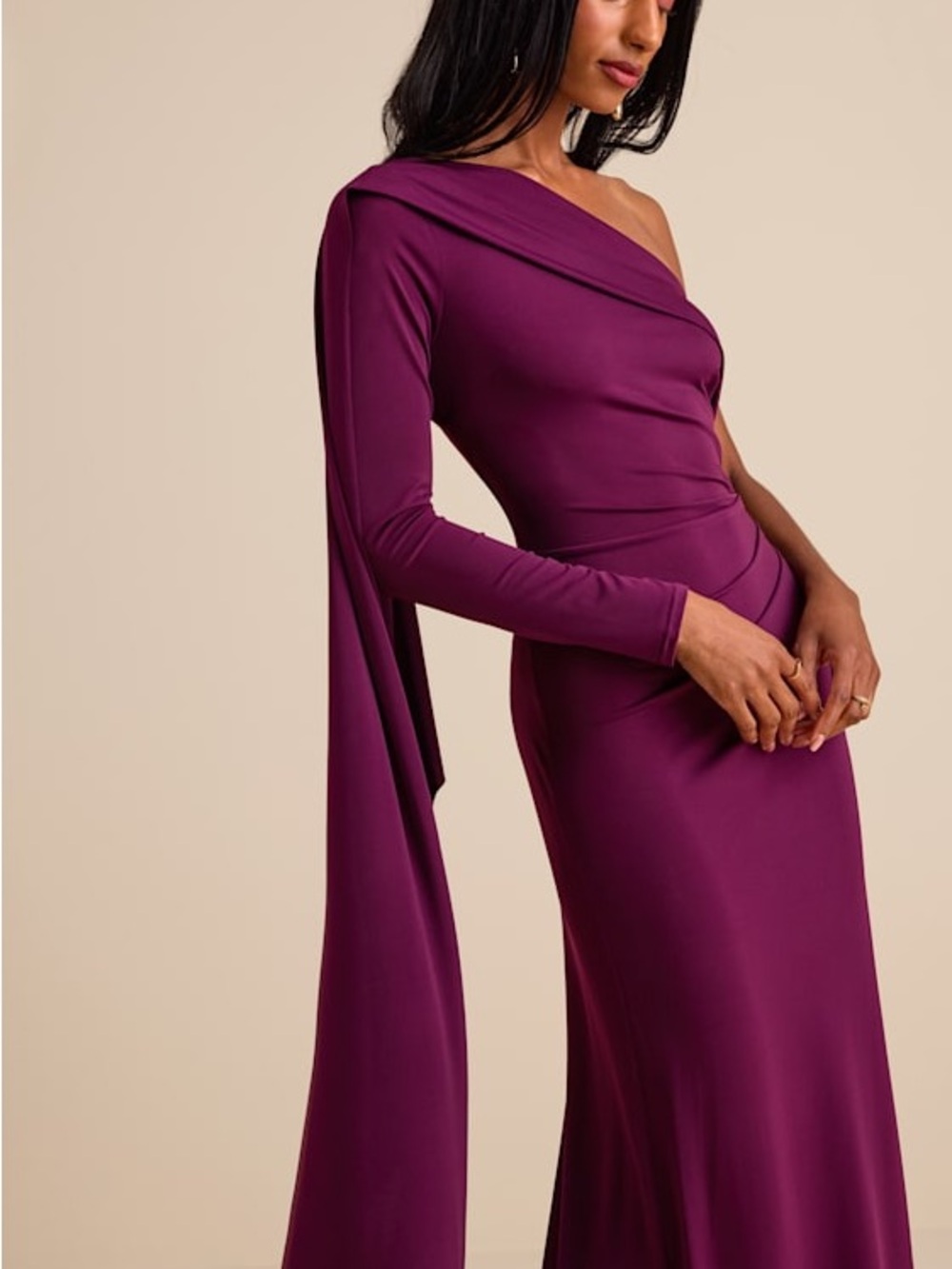 Lulu's One-Shoulder Plum Draped Evening Gown - Picture 2 of 4